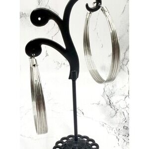 Silver Multi Wire Hoop Earrings Large 2" Minimalist Latch Back Hoops
